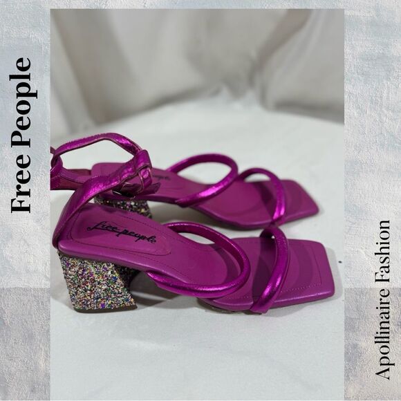 Free People Womens Pink Strappy Confetti Glitter Heels In Fuchsia Size 37.5 NWT - Picture 4 of 8